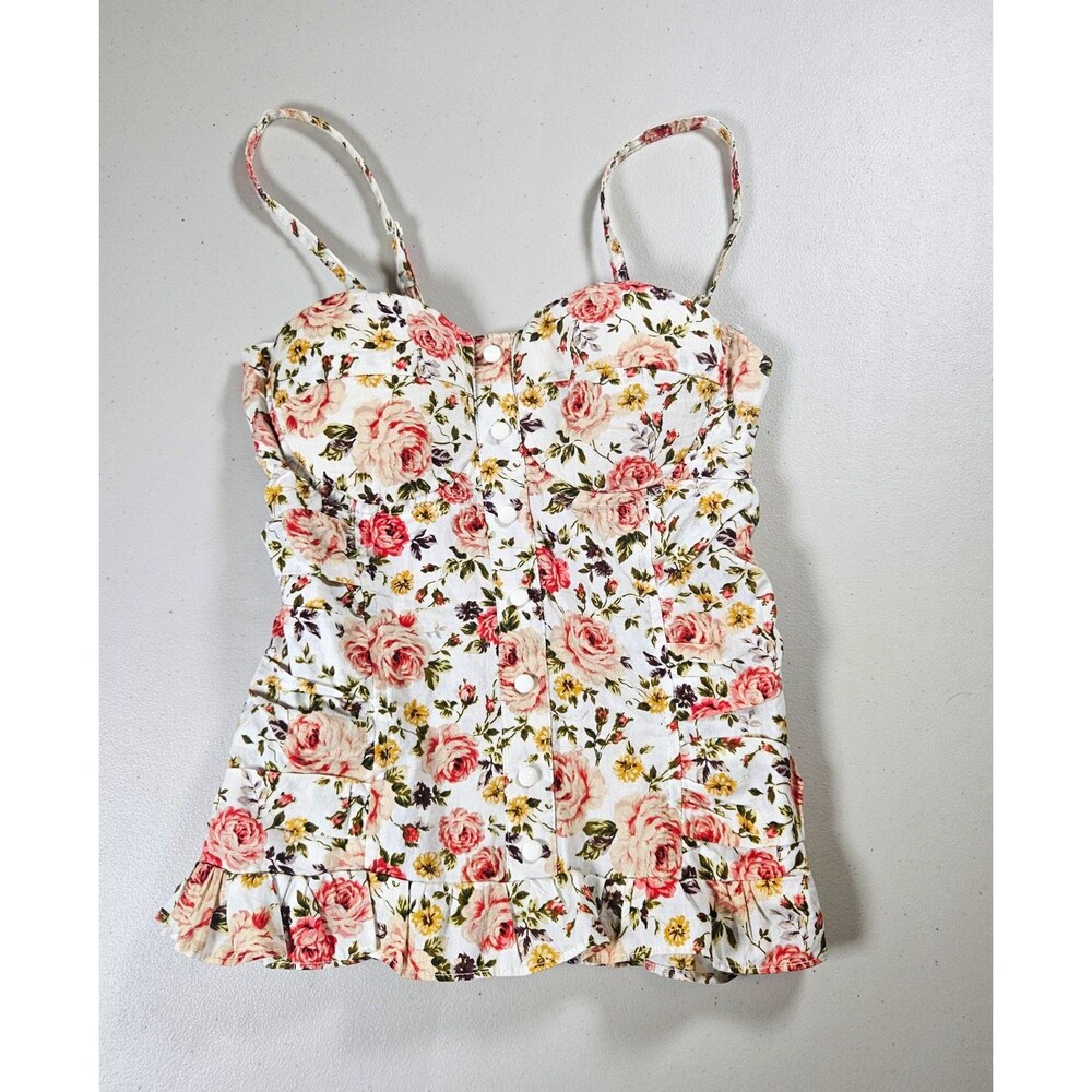 Vintage Poetry Y2K Floral Corset Bustier Cami Top Smocked Cottagecore Ruffle S